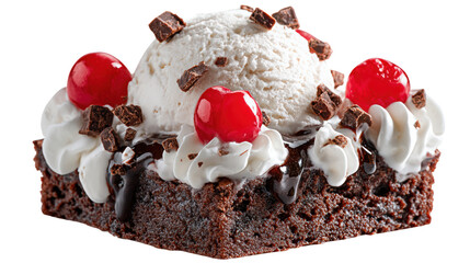 Decadent Chocolate Brownie Sundae with Ice Cream, Cherries, Whipped Cream on Transparent BG
