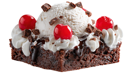 Decadent Chocolate Brownie Sundae with Ice Cream, Cherries, Whipped Cream on Transparent BG
