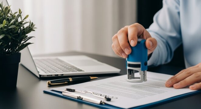 A person is stamping an official document on a desk with a pen and laptop nearby in the office