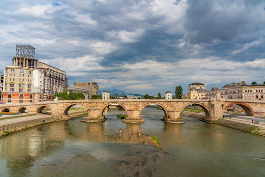 Stone Bridge across the Vardar River in Skopje, North Macedonia