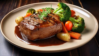 a succulent piece of roasted meat glistening with rich gravy and studded with colorful vegetables