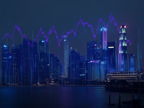 Futuristic city skyline with financial graph overlay representing stock market analysis and trends - Powered by Adobe