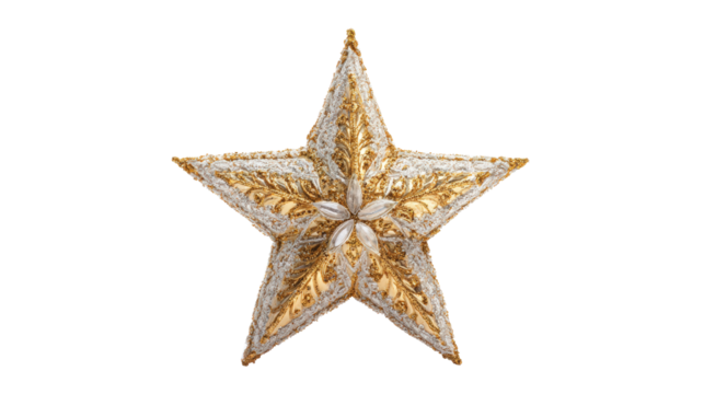 Gold and Silver Glitter Star Ornament with Intricate Design on Transparent Backdrop