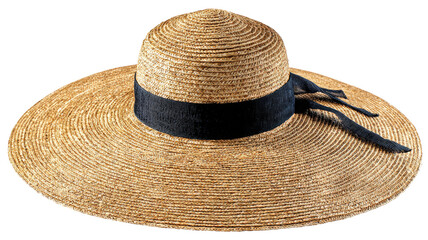 Elegant Straw Sun Hat with Black Ribbon on a Transparent Background for Integration
