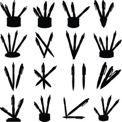 Diverse Black Silhouette Pen & Writing Tool Icon Set for Office, Education, Business & Creative Concepts – Vector Graphic Collection.