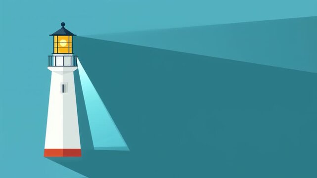 Flat Design Animated Lighthouse Emitting Light Beams on a Blue Background animation clip
