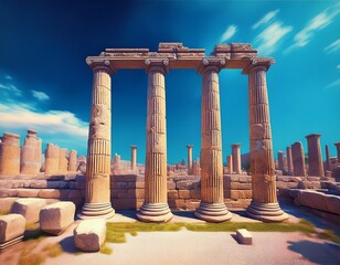 antique stone ruins of an ancient city with columns under a bright blue sky