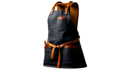 High quality, realistic photo of Chef?s apron charcoal with leather straps, isolated on transparent background, product photography style