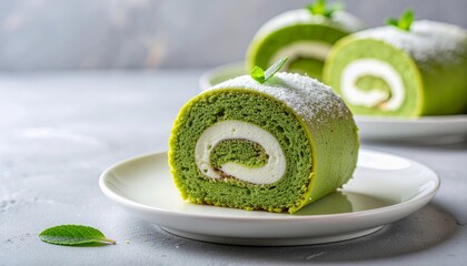 Close‑up of freshly sliced Japanese matcha swiss roll cake with white cream filling, on white plate, Generative AI