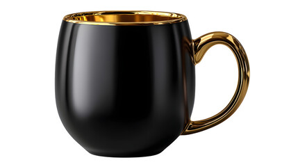 High quality, realistic photo of Elegant ceramic mug matte black with gold rim, isolated on transparent background, product photography style