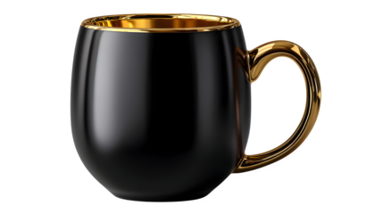 High quality, realistic photo of Elegant ceramic mug matte black with gold rim, isolated on transparent background, product photography style