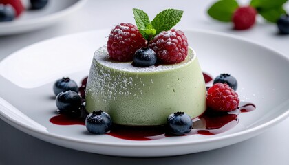 Elegant plated dessert- matcha panna cotta topped with fresh berries, artistic sauce, ceramic plate, fine dining style, Generative AI