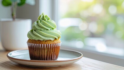 Single homemade matcha cupcake with swirl of creamy matcha frosting, ceramic plate on wooden table, Generative AI