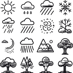 1 black and white line icons related to fitness and gym activities, including dumbbell, yoga mat, running shoe, kettlebell, stopwatch, water bottle, and heart rate. Use an abstract, hand-drawn 5.eps