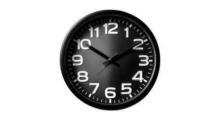 High quality, realistic photo of Minimalist wall clock with bold black numbers and white face, isolated on transparent background, product photography style