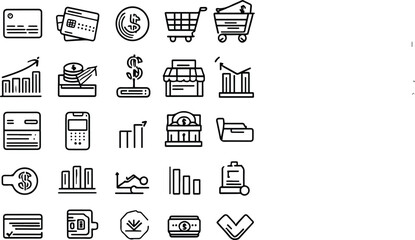25 black and white line icons for finance and e-commerce topics?such as credit card, shopping cart, dollar coin, receipt, mobile banking, bar chart, discount tag, and wallet.eps
