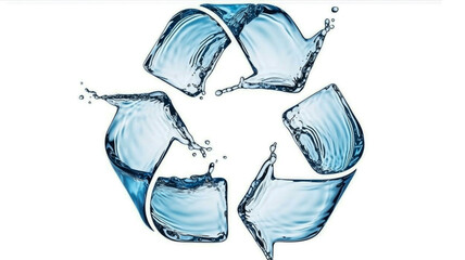 A high-resolution photograph of the recycling symbol made entirely of liquid water against a pure white background