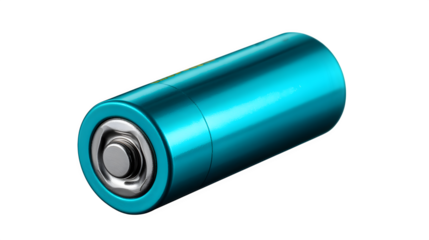 High quality, realistic photo of 18650 lithium-ion battery cell teal jacket, isolated on transparent background, product photography style