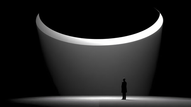 A minimalistic scene featuring a dark space with a large circular light and a solitary object. light void. Illustration