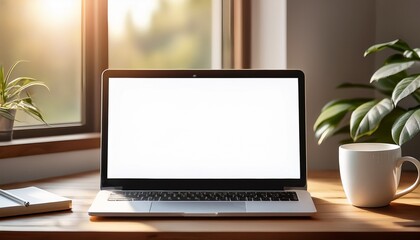Fototapeta premium laptop mock up with blank screen placed on wooden desk beside white coffee mug and notepad illuminated by soft natural light from window creating a serene workspace atmosphere