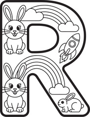 Alphabet Letter R Coloring Page – Rainbow and Bunny Doodle Art for Kids – Educational Line Art Printable with Cute Rabbit and Sky Elements

