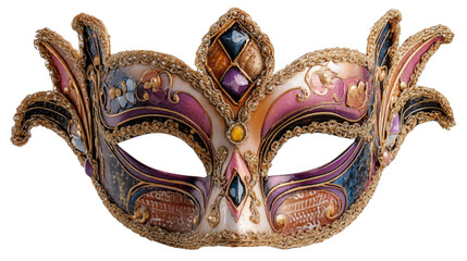 Ornate Venetian Masquerade Mask with Jewels and Gold Detailing on Transparent Backdrop