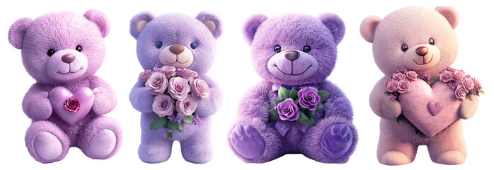 Set of adorable purple and pink teddy bears with flowers and bows on black background
