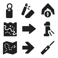 Subterranean Navigation Icons. Solid style icons of subterranean navigation: rope tag, glow stick, trail marker, compass with cave