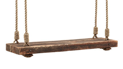Rustic Wooden Swing Suspended by Ropes A Nostalgic Symbol of Play and Relaxation on Clear View