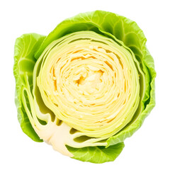 Fototapeta premium A halved green cabbage showing its core and leaves, isolated on transparent background