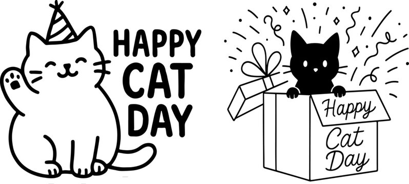 Cute cartoon black and white cats celebrating happy cat day with party hats gifts and confetti in a fun festive illustration