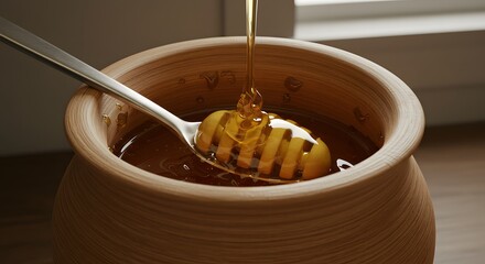 Viscous golden honey pouring from a dipper onto a spoon resting in a rustic pottery jar a sweet natural food product
