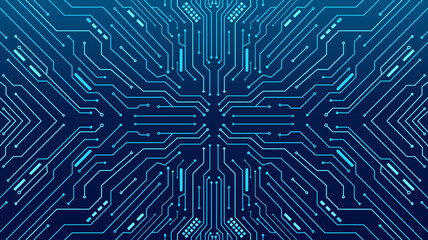 Abstract electronic circuit background, futuristic motherboard design with glowing blue strokes, high-tech network connection and data flow visualization, modern technology backdrop
