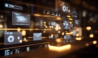 Abstract technology interface with data visualization and glowing light streaks overlaying the view