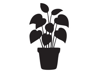 Black silhouette of potted plant with heart shaped leaves isolated on white background, graphic illustration. concept of indoor greenery, nature, home decor, design element