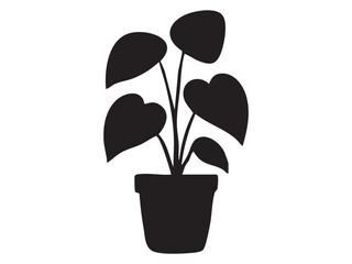 Black silhouette of potted plant with heart shaped leaves, isolated on white background, graphic illustration. concept of nature, houseplant, greenery, decor, icon, design element