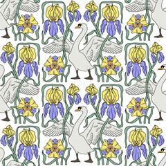 Vintage seamless pattern with art nouveau style modern hand drawn elegant swan and yellow purple iris flowers symmetrical composition on white background