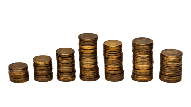 Stacks of coins arranged in ascending order, symbolizing financial growth isolated on transparent background