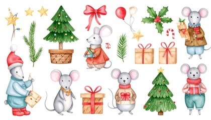 Cute Christmas mice and festive elements