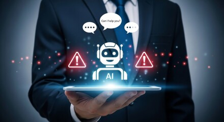 A businessman holds a tablet displaying an ai chatbot with alert symbols, representing the risks and challenges of artificial intelligence