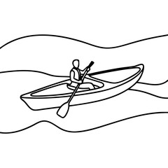 Canoe with one paddler depicted as line art on white background. Paddler navigates canoe, paddling with effort, on wavy water surface, a minimalistic drawing.