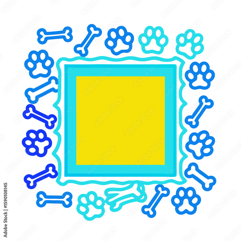 Poster Dog frame with bones and paws forms playful square for pet-related designs. Dog frame is decorated with cute bone and paw prints, creating a delightful design element.