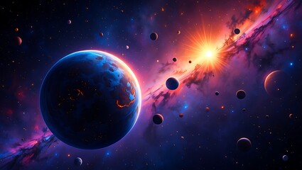 Obraz premium Vibrant Cosmic Landscape with Earth-like Planet and Distant Sun, Interstellar Symphony: A Celestial Ballet of Planets, Stars, and Nebulae