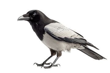 Fototapeta premium A detailed studio portrait of a hooded crow with black and grey feathers isolated on transparent background