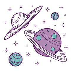 Purple and teal planets and stars space