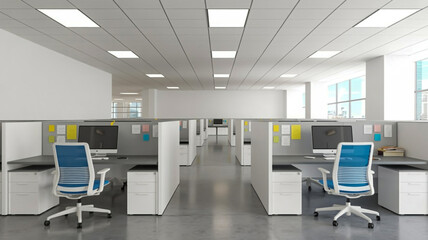 A modern, minimalist office space with white walls and a white drop ceiling featuring rectangular