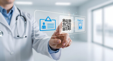Doctor is scanning QR code for check-in and identification at clinic reception using futuristic interface for improved patient experience