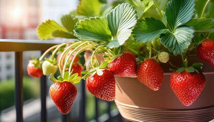 ripe red strawberries growing in a hanging basket on a balcony garden enjoying the summer sun