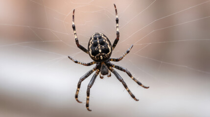 Fototapeta premium Spider descending gracefully from porch ceiling: nature's intricate web design