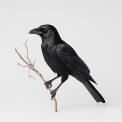 Fototapeta premium A sleek black crow perched on a thin, bare branch against a plain white background.
